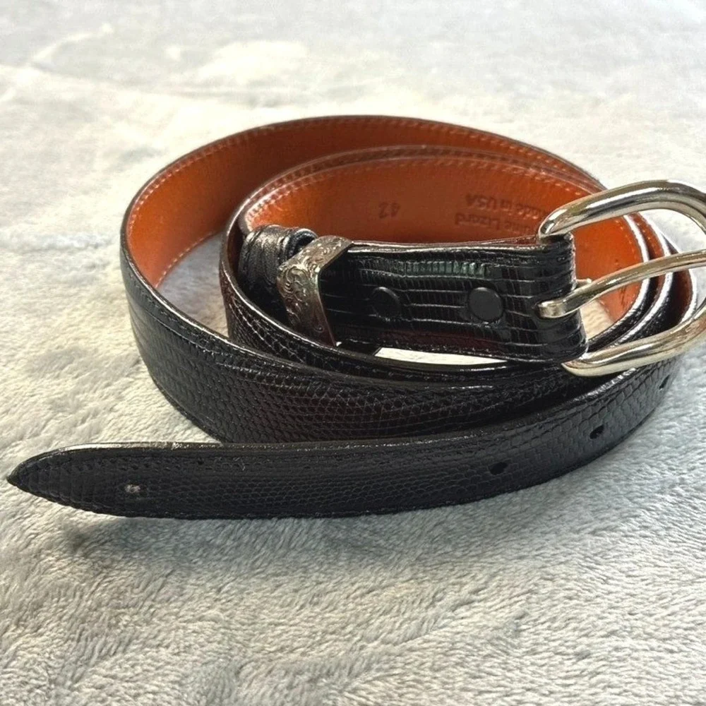 JW Cooper Mens Black Genuine Lizard‎ Skin Western Belt Silver Buckle Size 42 USA